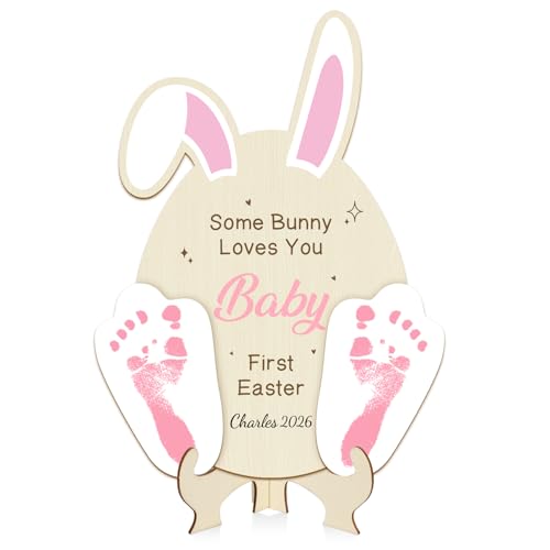 My First Easter Footprint Sign DIY Wooden Art Babys First Easter Gift Idea Some Bunny Loves You Babies Keepsake Milestone Nursery Decor and Newborn Photoshoot Prop for Babies (Rabbit)