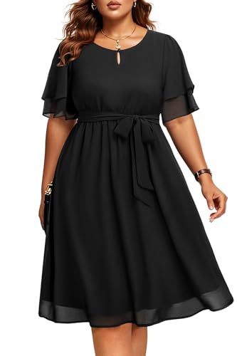 Pinup Fashion Plus Size Dresses for Wedding Guest - Semi Formal Cocktail Chiffon Keyhole Neck Knee Length Dress