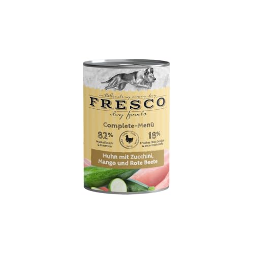 Fresco Complete-Menü Huhn mit Zucchini, Mango & Rote Beete | 12er Pack | 12 x 400 g | Nassbarf für Hunde | Wichtige Proteine & Eiweiß | Aus reinem Muskelfleisch
