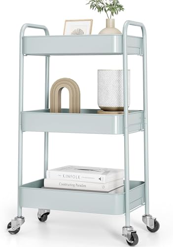 TOOLF 3-Tier Metal Rolling Cart with Wheels, Storage Utility Organizer Cart for Kitchen, Bathroom, Office, Baby Essentials & Makeup - Lockable Casters, Easy Assembly, Large Capacity, Green