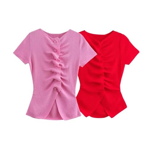 Women's Round Neck Short Sleeve Summer Knitted Slim Fit Button Ruffled Top Cardigan2