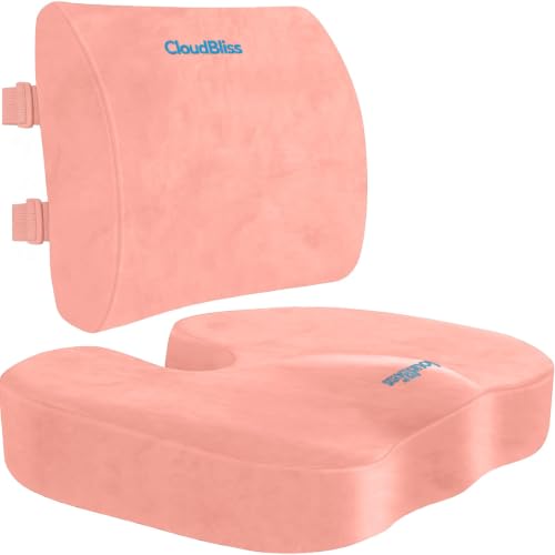Image of CloudBliss Lumbar Support Pillow & Seat Cushion Set for Office Chair, Desk Chair, Wheelchair & Car - Memory Foam Back Support, Ergonomic Chair Cushions, Sciatica Pain Relief, Home Essentials(Pink,XL)