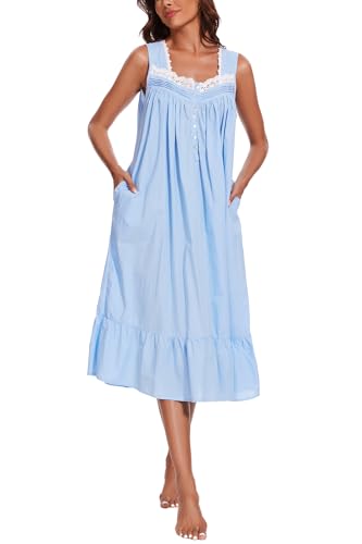 Image of AVIIER 100% Cotton Nightgowns for Women Sleeveless Sleep Dress Ladies Gowns Sleepwear with Pockets