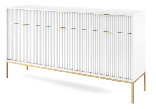 Selsey Soporte de TV Vellore 154×83×39 cm - Moderno y Elegante - Grisáceo con Detalles Dorados - Autoensamblaje - 3 Puertas, 3 Cajones de Almacenamiento - Diseño Geométrico Atemporal