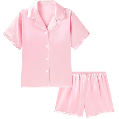 DIPUG Girls Pajamas Set Satin Short Sleeve Pjs with Ruffle Trim Soft Silky Sleepwear for Ages