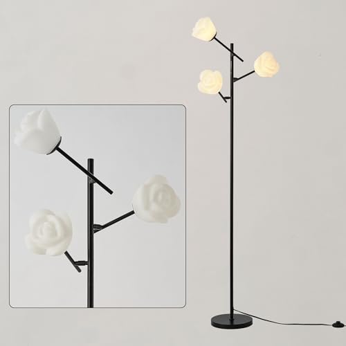 Image of Fiqevs Mid Century Modern Floor Lamp with 3 Adjustable Flower Shade - Floral LED Standing Light with Foot Switch & Light Bulb, Sputnik Tree Lamp for Living Rooms Bedrooms - Black