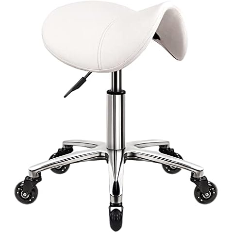 WKWKER Saddle Stool on Wheels Swivel Adjustable Stool Thick Leather Seat Beauty Stool Chair for Kitchen Stool Drafting Lab Office Massage Stool White Cover