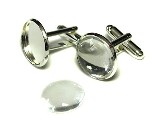 All In One Cufflinks Cuff Links Button Cabochon Blank Trays Frame With Clear Glass Dome (Silver 16Mm - 10 Sets) #TOP8