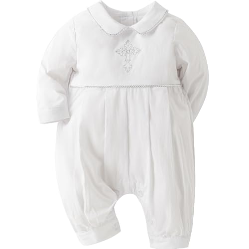 Booulfi 0-3 Months Boy Clothes Baptism Outfits For Boys White Long Sleeves Easter Christening Cross Embroiddery Newborn Outfits Catholic Collared Newborn Boy Clothes