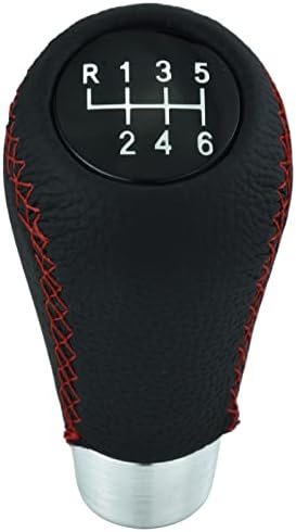 Temzzer 6 Speed Shift Knob Car Shifter Handle PU Leather Gear Stick Head for Most Manual Automatic Vehicles (Red Stitches)