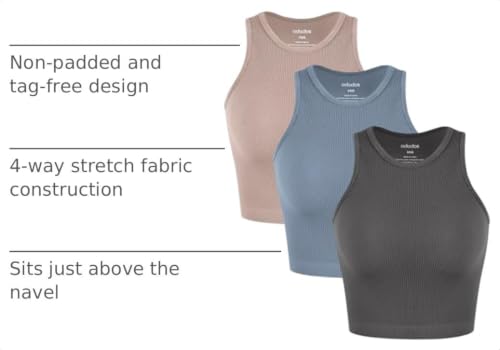 Image of ODODOS 3-Pack Seamless Crop Tank for Women Ribbed Soft High Neck Cropped Tops
