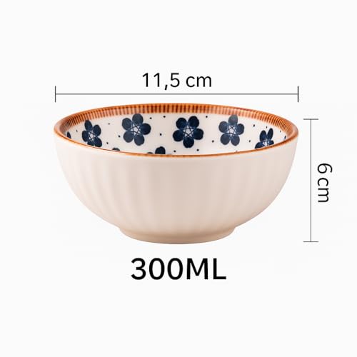 Image of YELONA Japanese Style Ceramic Dinnerware Set of 6 (4 Bowls + 2 Plates) | 11.5cm 300ml Bowls & 20.5cm Floral Design Plates | Microwave Safe & Dishwasher Safe | Rustic Modern Kitchen Crockery