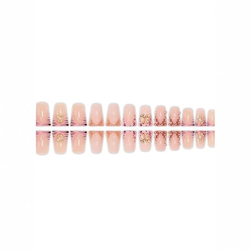 Image of Bow Press on Nails French Tip Fake Nails Pink Glue on Nail with Charms Design Rhinestone False Nail Glossy Full Cover Artificial Acrylic Stick on Nails for Women Girls Manicure 24Pcs