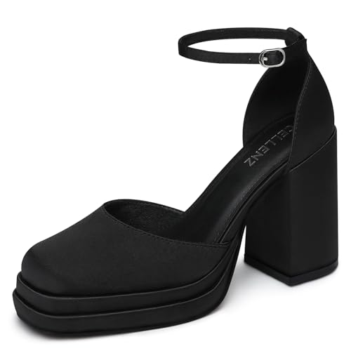 Women Chunky High Heels: Comfortable Ankle Strap Platform Pumps, Dress Wedding Shoes Party Bridal Graduation Pumps Black White Hot Pink Size 6-11 - Main Image