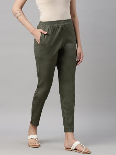 Image of MINELLI Women Solid Cigar Pants, Cotton Lycra Slub Fabric, Elasticated Waistband, Pull On Style, Regular Fit Bottom Wear for Western and Ethnic Wear