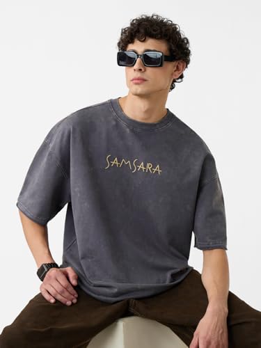 Image of The Souled Store Samsara Men and Boys Short Sleeves Round Neck Grey Graphic Printed Cotton Super Oversized T-Shirts