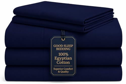 Image of Good Sleep Bedding Split King Sheets for Adjustable Bed, 5 Piece, 100% Egyptian Cotton Sheet & Pillowcase Sets, Sateen Weave, Ultra-Soft, 16 inch Deep Pocket Adjustable Bed Sheets - Navy Blue