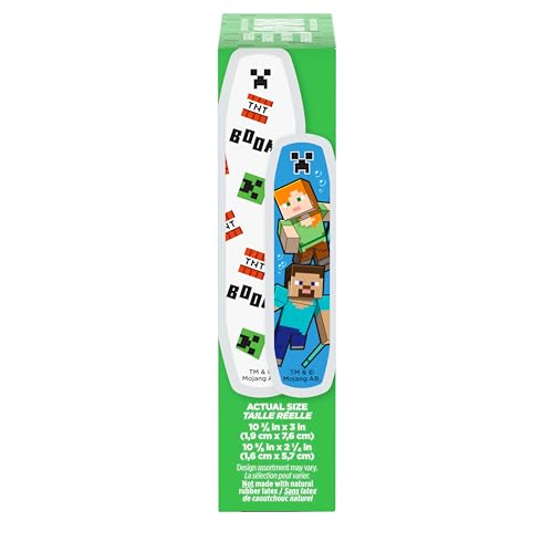 Image of BAND-AID Brand Adhesive Bandages, Minecraft, Assorted Sizes, 20 Count | Fun Decorative Bandages featuring Minecraft Designs for Kids, Sterile First Aid Wound Care for Minor Cuts & Scrapes