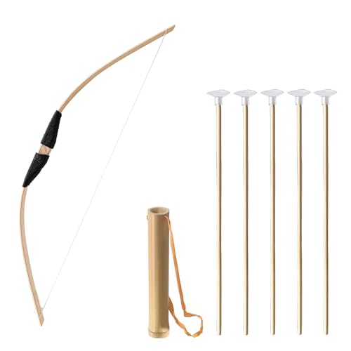 Bow and Arrow Set, Wooden Archery Set, Youth Bow and Arrow Set for 15, Cosplay Costume Prop Bow & Arrow with 1 Bamboo Quivers and 5 Targets