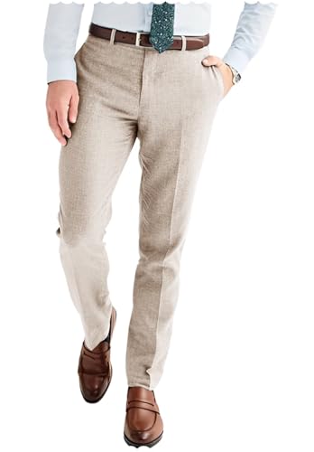 Men's Linen Blend Dress Pants Slim Fit Flat Front Wedding Beach Trousers Lightweight & Comfortable2