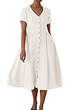 chouyatou Women's Summer Fit and Flare Swing Cotton Dress Casual V-Neck Button Down Beach Midi Dress (Medium, Off White)