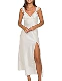 Summer Satin Lace Backless Spaghetti Strap Maxi Dress for Wedding Guest Silk Sleeveless V Neck Slit Ruffled Dress for Women White
