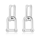 HUARJO 14K Gold Plated S925 Sterling Silver Post Drop Dangle Earrings for Women,Cubic Zirconia Paperclip Link Chain Earrings for Women. (U Shaped Bamboo Lock-Silver)