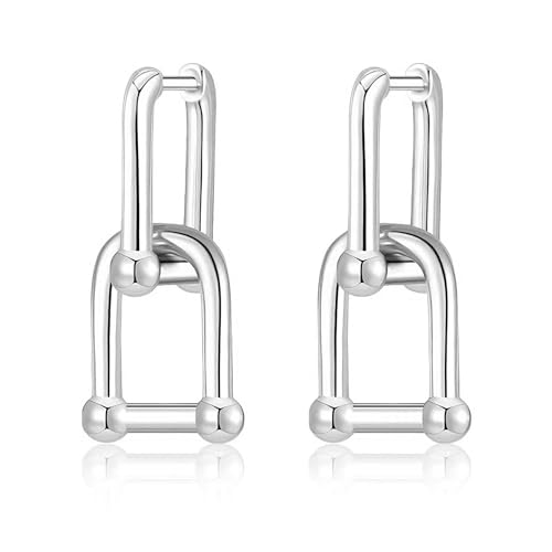 HUARJO 14K Gold Plated S925 Sterling Silver Post Drop Dangle Earrings for Women,Cubic Zirconia Paperclip Link Chain Earrings for Women. (U Shaped Bamboo Lock-Silver)