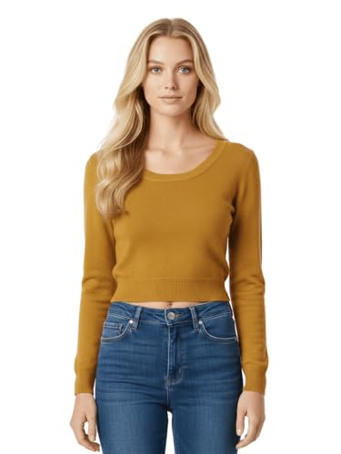 Image of Women's Crop Top Stretch Sweater - Long Sleeve Slim Bodycon Crewneck Casual Basic Solid Cropped Knit Pullover Top