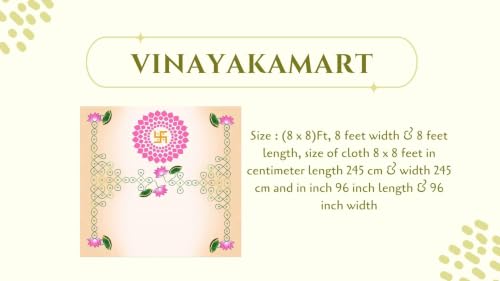 Image of Background Screen for Pooja Decoration | Traditional Peach Theme with a Pink Swastik, Blooming Lotus Corners, and Green Line Art Backdrop Cloth 8x8 feet | Lakshmi Pooja Background