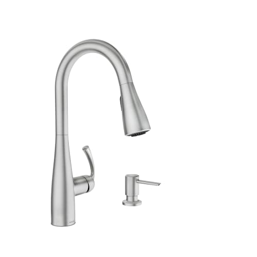 Moen Essie Spot Resist Stainless Pulldown Sprayer Kitchen Sink Faucet Set with Modern Pump Soap Dispenser, 87014SRS
