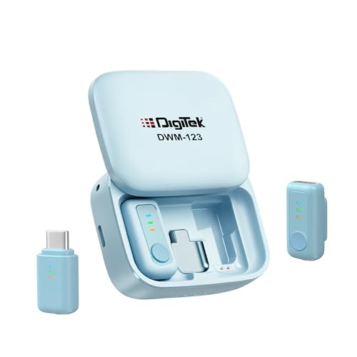 Image of Digitek (DWM 123 2-in-1 Wireless Microphone System with Charging Case & Magnetic Collar Clip, Type-C Receiver for iPhone 15 & Above, Android Phones, 60m Range, Build in Microphone