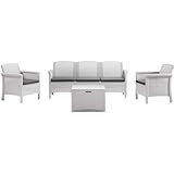  Briconess.com Salotto da Giardino in Resina Effetto Rattan Divano Tre posti più Due poltrone e Un tavolino - Bianco