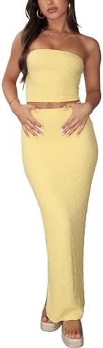 Two Piece Skirt Outfits for Women Sleeveless Tube Tops Bodycon Sexy Maxi Dress 2 Piece Summer Y2K Vacation Set