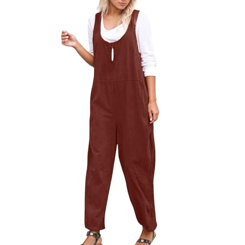 Duohropke Peto para mujer, mono holgado, sin mangas, informal, tallas grandes, con tirantes, pantalones de trabajo, pelele de un solo color, con bolsillo, traje de pantalón, rojo, M