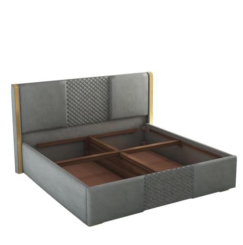 Image of Modern King Size Upholstered Bed with Padded Headboard | Platform Bed for Master Bedroom, Comfortable Back Support & Elegant Bedroom Furniture | Strong & Durable Solid Wood Frame | Grey