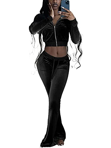 Women Velour 2 Piece Outfits Zip Crop Jackets Wide Leg Pants Sets Tracksuits3