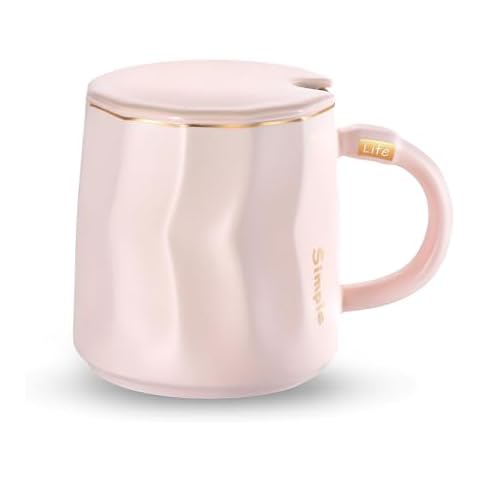 KRGMNHR Coffee Mug with Lid, 13.5 oz Ceramic Tea Cup with Flat Bottom, Best Match w/Mug Warmer, for Office and Home Desk Use, for Coffee, Tea, Water, Cocoa, Milk, Matte Pink Cover
