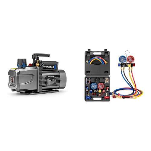 Bomba de vacío HVAC VIVOHOME de 1 HP y 9,6 CFM, doble etapa, para refrigerantes A2L (R32, R1234yf, R454B), con motor sin chispas y juego de manómetros de 4 vías para R134a, R410a, R32 y R1234yf miniatura 1