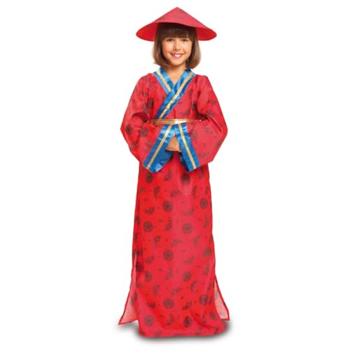 My Other Me   Disfraz China bebé, talla 1 2 años. Incluye vestido rojo con detalles florales negros y ribetes azules, sombrero cónico y cinturón azul. Ideal para fiestas temáticas.