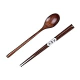 Juego de cubiertos de madera portátil con palillos y cuchara, utensilios de grano de madera para viajes, camping, hogar, comedor, cuchara y palillos de madera