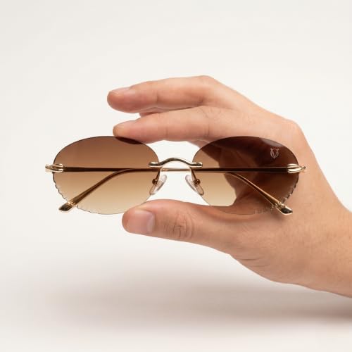 Image of UV Protected Aurora Edge Rimless Photochromic Sunglasses for Men & Women | Oval Sunglasses | Golden Frame | Brown Gradient Lens | Lightweight Fashion Eyewear for Driving, Travel