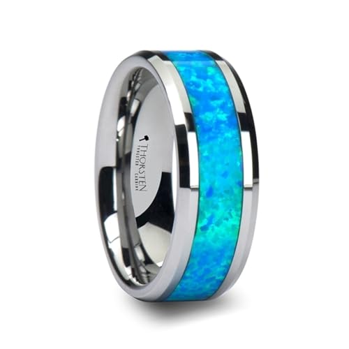 Bague de mariage pour homme en tungstène et opale bleue verte modèle Quasar de 4 à 10 mm