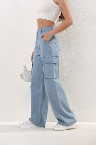 Women's High Waisted Baggy Cargo Jeans Stretch Wide Leg Loose Fit Denim Pants Y2K Streetwear with Pockets for Teen Girls4