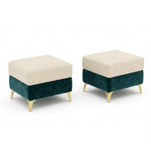 Image of Classiq Rich 5 Seater L Shape Sofa Set with 2 Movable Ottomans | Flexible Layout | Rich Velvet Suede Fabric | Silver Legs | Dual Tone Modern Sofa for Living Room (Greenish Teal-Cream)