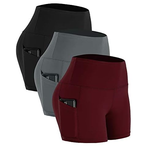 Cadmus Women's High Waist Sports Shorts for Yoga with Out Pockets, Pack of 3,Black & Grey & Wine Red,X-Large Cover
