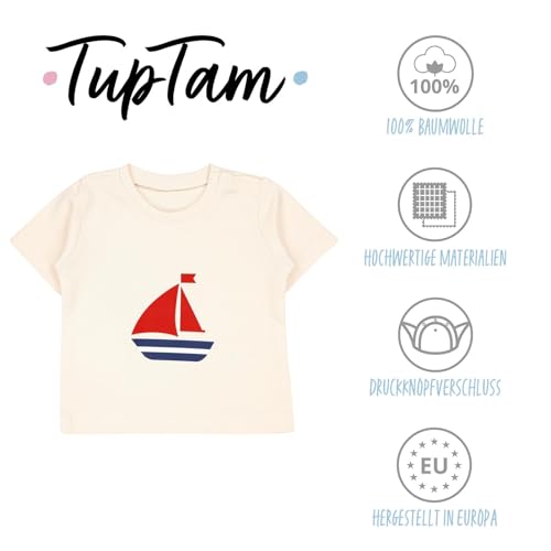 TupTam Baby Jungen Kurzarm T-Shirt mit Aufdruck Unifarben Sterne Streifen 5er Set, Farbe: Navy Streifen Beige Streifen Weiß Cremebeige Anker, Größe: 92