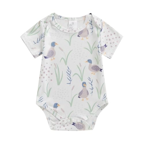 Image of Licupiee Duck Hunting Baby Clothes Infant Boy Girl Summer Short Sleeve T Shirt Bodysuit Newborn Baby Mallard Duck Romper (White, 0-3 Months)