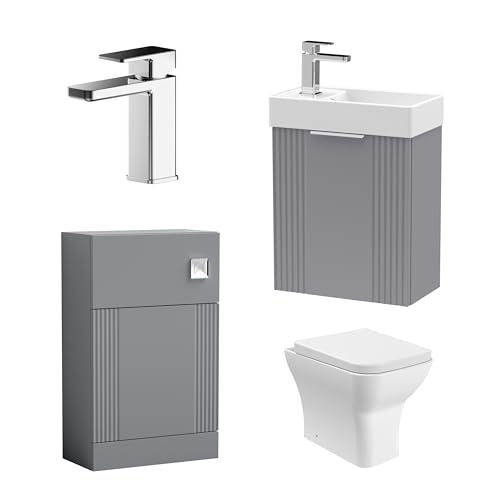 Balterley Vanity Unit with Basin, Handle, Toilet Pan, Seat, Water Closet & Mixer Tap, Wall Hung Single Door Soft Close Vanity Unit, Toilet Pan with WC Unit & Flush, Mono Basin Mixer Tap (Grey/Chrome)
