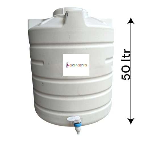 Image of NAKSHATHRA Water Dispenser with Tap, Plastic Water Storage Drum, Open Top with Lid, Ideal for Home, Kitchen & Office, Food Grade HDPE Material, UV-Stabilized - 50 litres (White)
